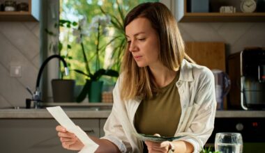 Woman looking at a receipt.