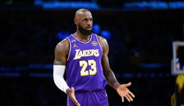 Los Angeles, California, USA; Los Angeles Lakers forward LeBron James (23) reacts during the first half against the Brooklyn Nets at Crypto.com Arena. Mandatory Credit: William Liang-Imagn Images