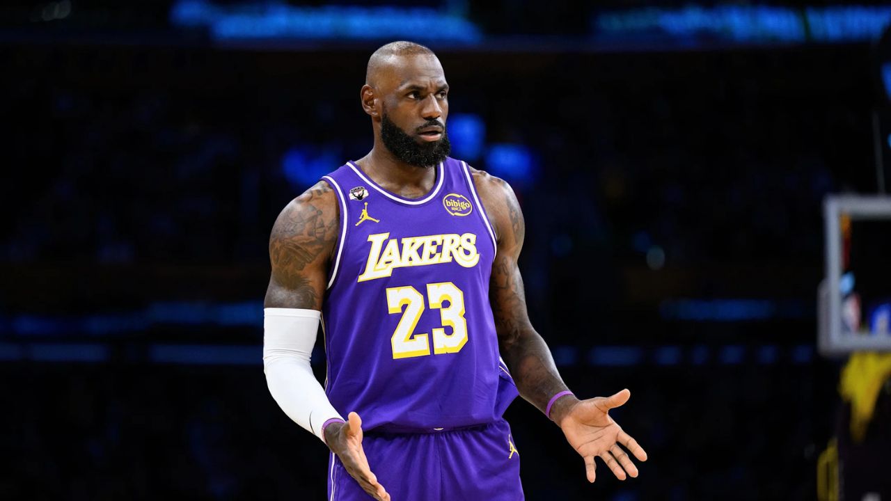 Los Angeles, California, USA; Los Angeles Lakers forward LeBron James (23) reacts during the first half against the Brooklyn Nets at Crypto.com Arena. Mandatory Credit: William Liang-Imagn Images
