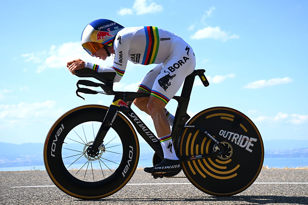 THONON-LES-BAINS, FRANCE - JULY 21: Remco Evenepoel of Belgium and Team Red Bull - BORA - hansgrohe competes during the 113th Tour de France 2026, Stage 16 a 26.1km individual time trial stage from Evian-les-Bains to Thonon-les-Bains / #UCIWT / on July 21, 2026 in Thonon-les-Bains, France. (Photo by Tim de Waele/Getty Images)