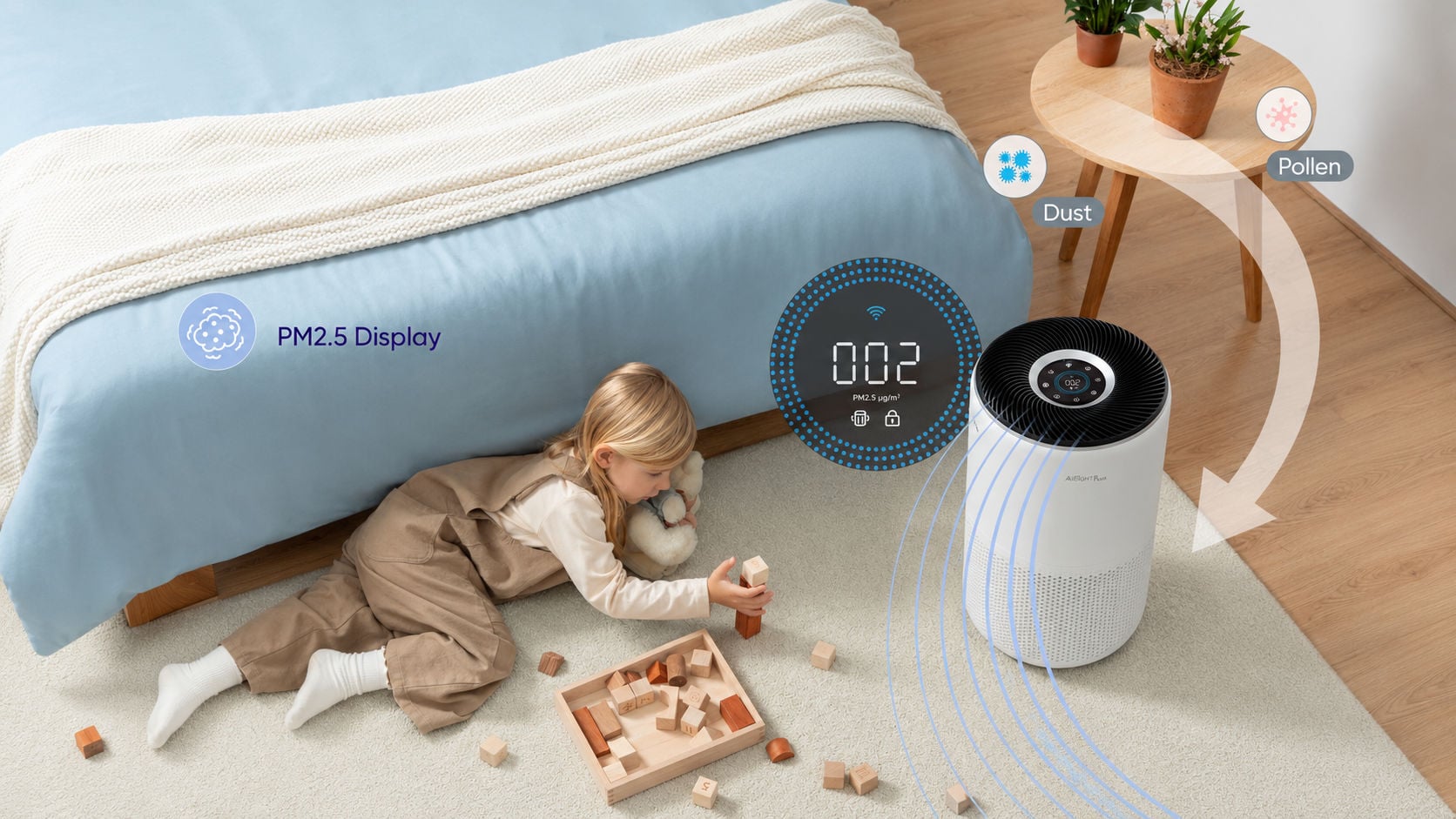 Levoit PM2.5 graphic of child playing near air purifier