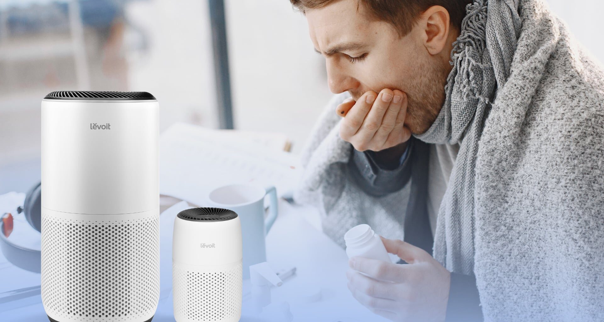 Levoit winter air purifiers overlayed on top of man coughing