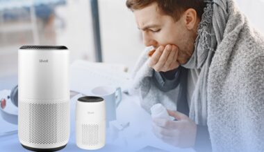 Levoit winter air purifiers overlayed on top of man coughing