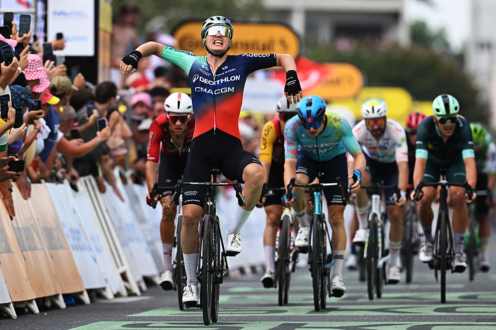 PAU, FRANCE - JULY 08: Olav Kooij of Netherlands and Decathlon CMA CGM Team celebrates at finish line as stage winner during the 113th Tour de France 2026, Stage 5 a 158.3km stage from Lannemezan to Pau / #UCIWT / on July 08, 2026 in Pau, France. (Photo by Dario Belingheri/Getty Images)