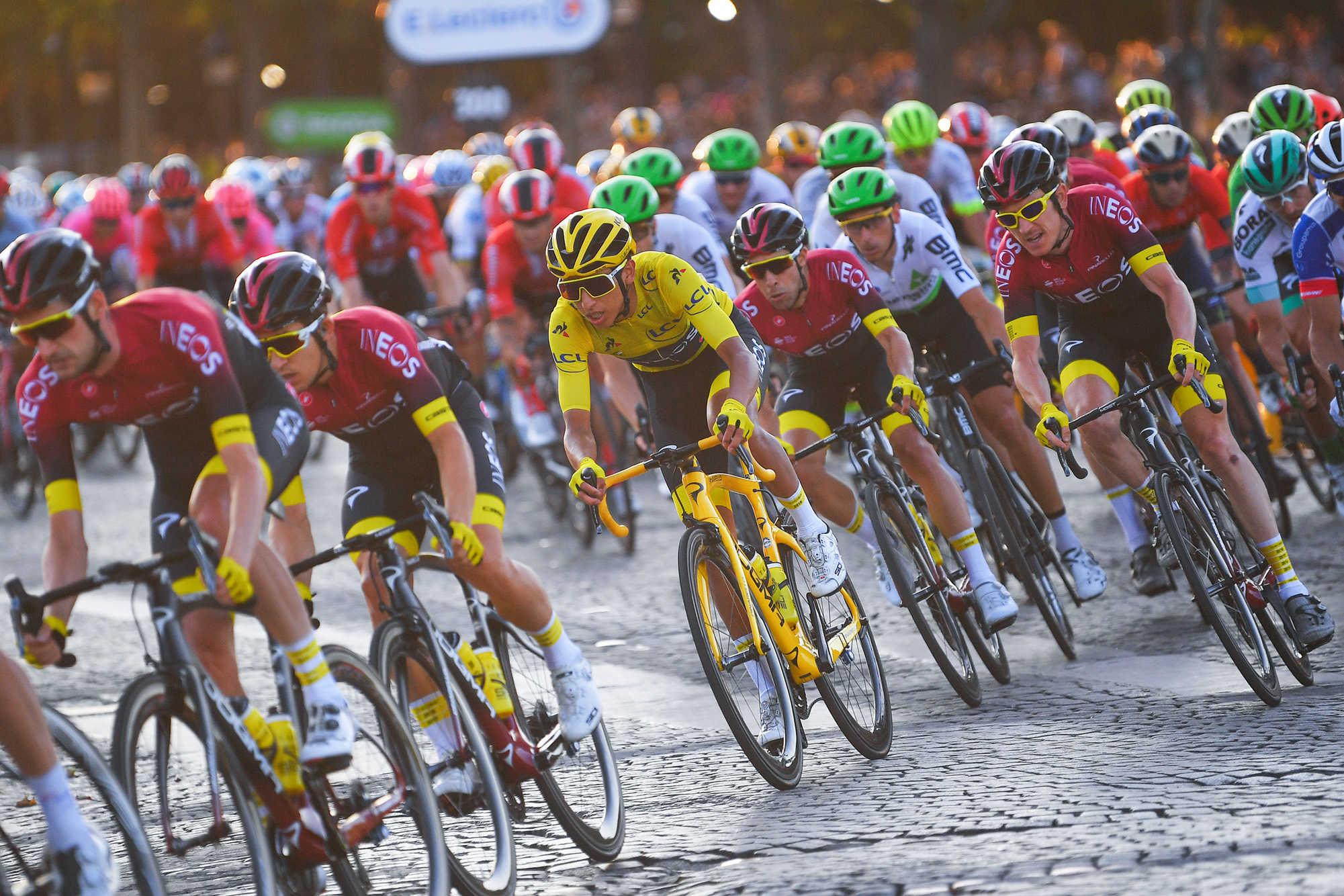 PARIS, FRANCE - JULY 28: Egan Bernal of Colombia and Team INEOS Yellow Leader Jersey / Geraint Thomas of United Kingdom and Team INEOS / Peloton / during the 106th Tour de France 2019, Stage 21 a 128km stage from Rambouillet to Paris Champs-&Eacute;lys&eacute;es / TDF / #TDF2019 / @LeTour / on July 28, 2019 in Paris, France. (Photo by Tim de Waele/Getty Images)
