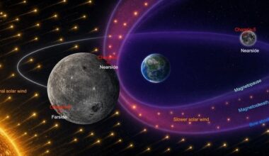 Schematic illustration of the contrasting solar wind environments experienced by the lunar nearside and farside under the influence of Earth's magnetosphere. Credit: Zhang, X. et al. (2026)