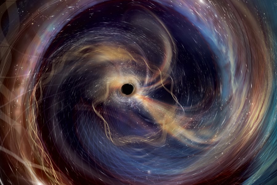 GW250114, a powerful collision between two black holes recently observed in gravitational waves. Scientists are studying black holes to find out if they are "first-generation" or "second-generation" creations made during collisions. Credits: Image credit: Aurore Simonnet (SSU/EdEon)/LVK/URI