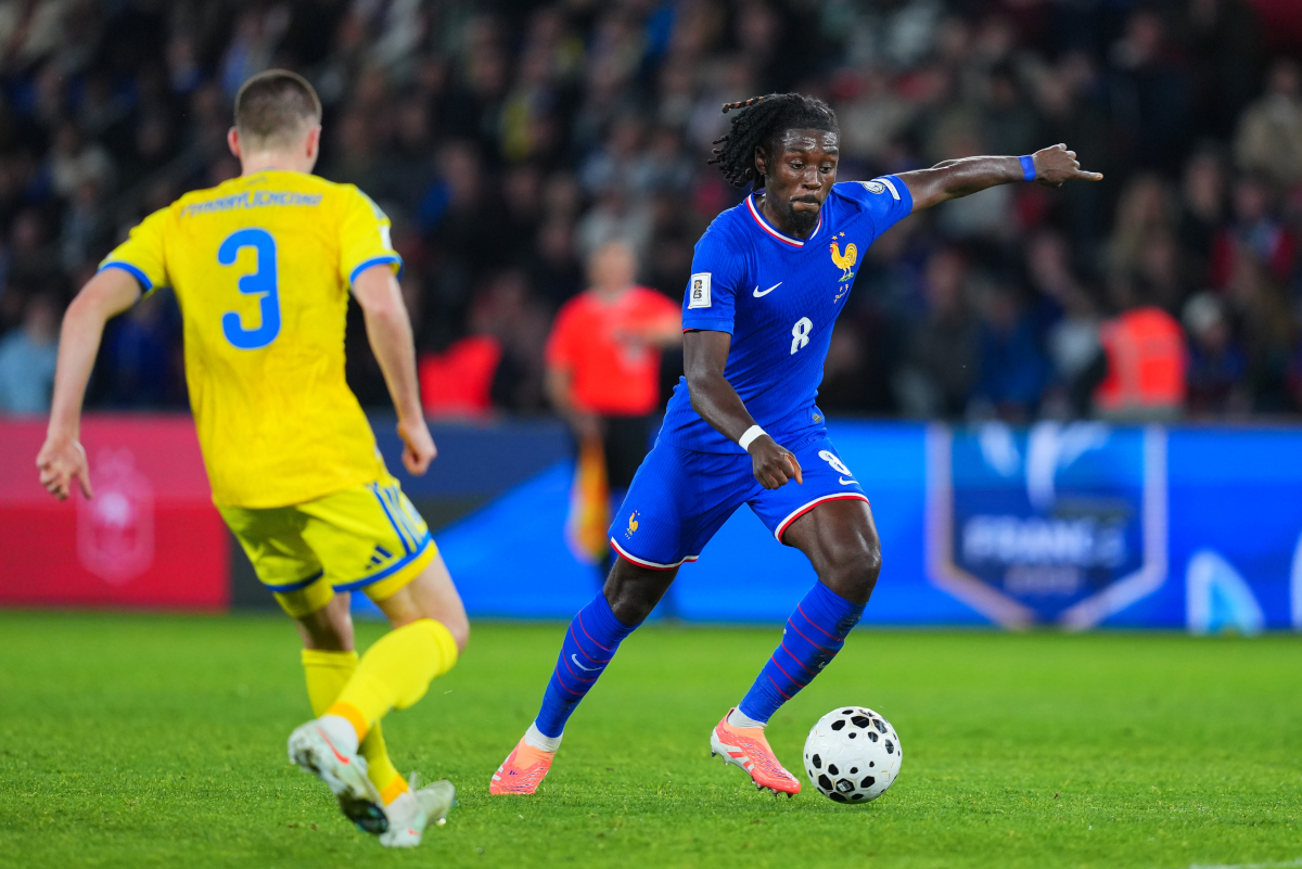 PARIS, FRANCE - NOVEMBER 13: Manu Kone of France in action during the FIFA World Cup 2026 qualifier match between France and Ukraine at Parc des Princes on November 13, 2025 in Paris, France. (Photo by Franco Arland/Getty Images)