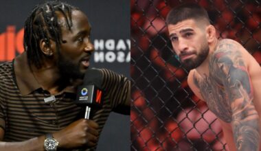 Terence Crawford speaks at a pre-fight press conference, opposite Ilia Topuria in the cage at UFC 317