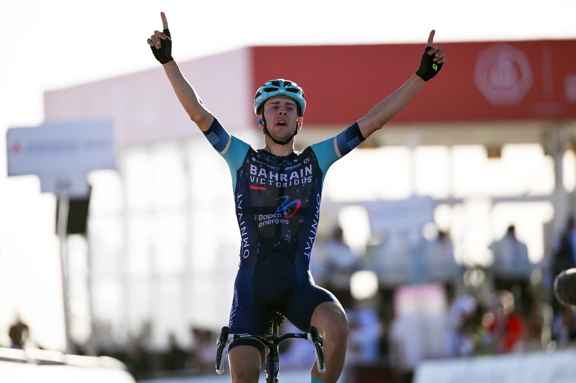 JEBEL MOBRAH, UNITED ARAB EMIRATES - FEBRUARY 18: Antonio Tiberi of Italy and Team Bahrain - Victorious celebrates at finish line as stage winner during the 8th UAE Tour 2026, Stage 3 a 183km stage from Umm al Quwain to Jebel Mobrah 1229m / #UCIWT / on February 18, 2026 in Jebel Mobrah, United Arab Emirates. (Photo by Tim de Waele/Getty Images)