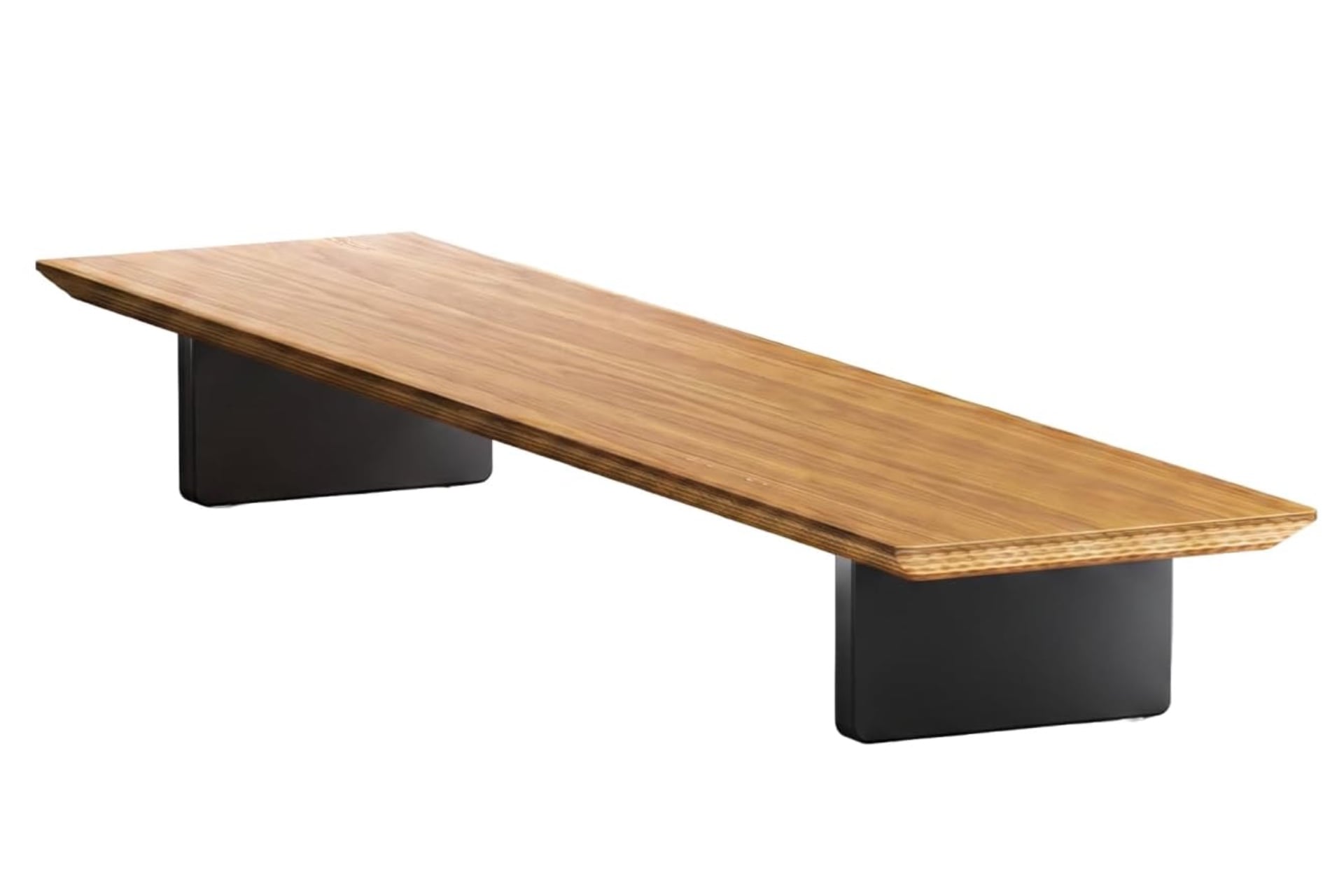 Nanoleaf Smart Led Monitor Stand pictured from an angle against a white background. The top is a tan color with woodgrain pattern, while the legs are black rectangles extending from the bottom.