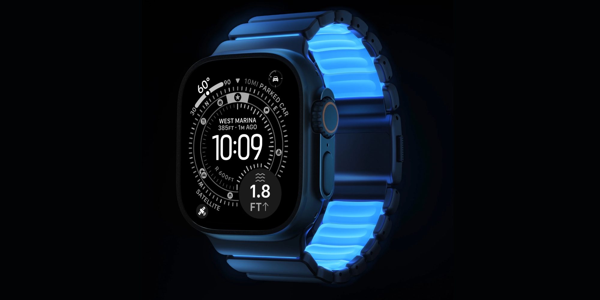 A smart watch with blue leds