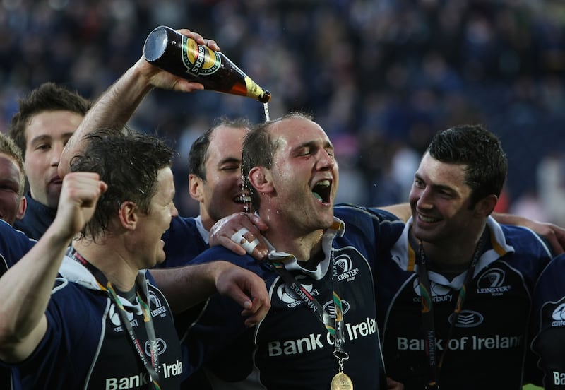 Leinster's Brian O'Driscoll, Keith Gleeson and Rob Kearney celebrate in 2008. Photograph: Billy Stickland/Inpho