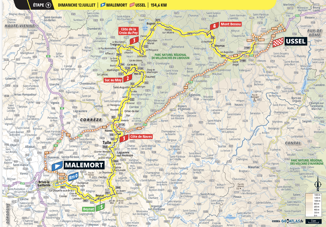 Tour de France 2026 stage 9 shortened route map
