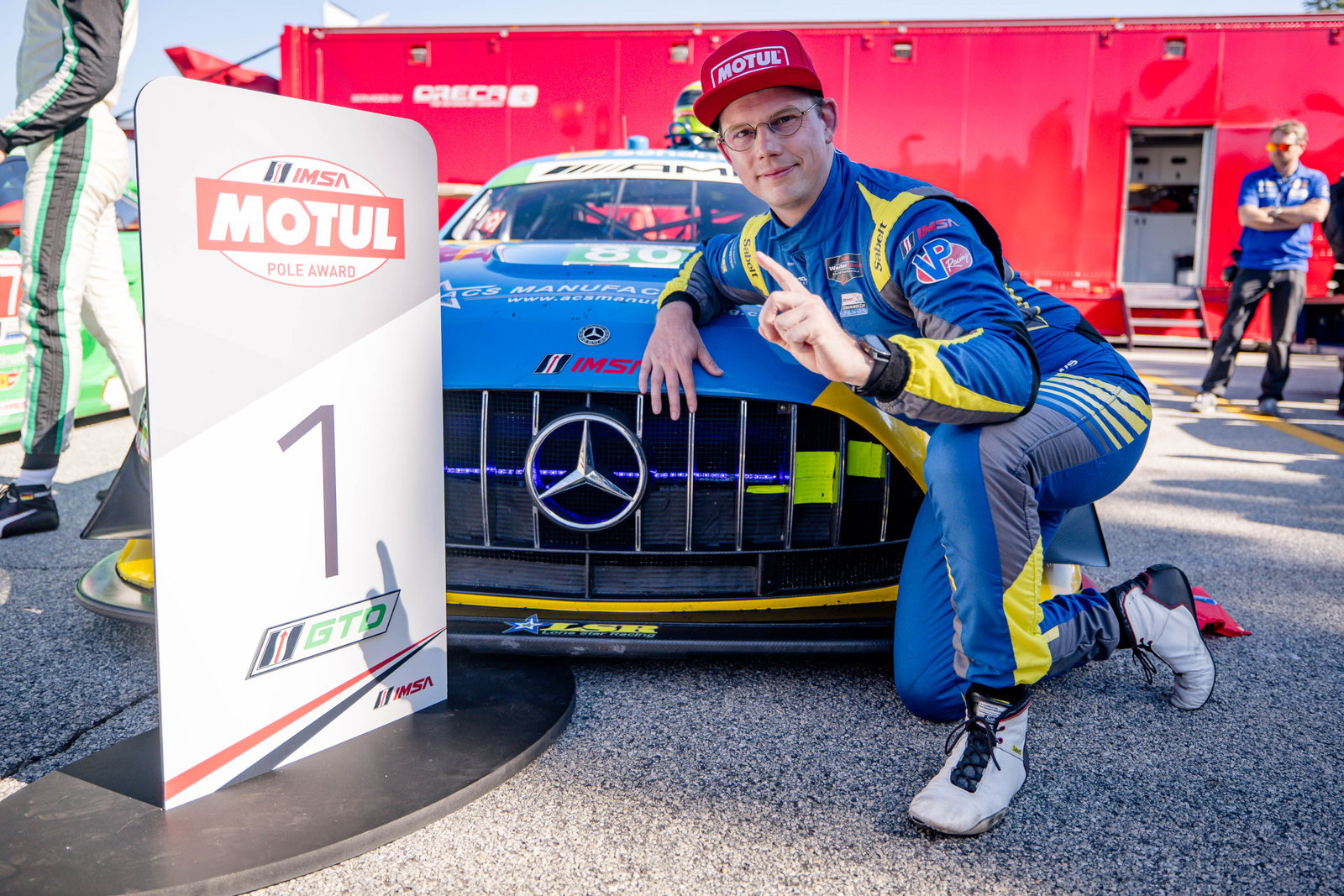 Scott Andrews pictured in 2024 after taking pole position for Petit Le Mans at Road Atlanta.