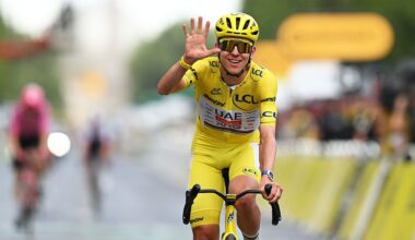 Tadej Pogacar of Slovenia and UAE Team Emirates-XRG celebrates at finish line as final overall winner during the 113th Tour de France 2026