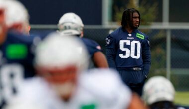 New England Patriots linebacker Gabe Jacas (50) during an NFL football practice, Saturday, May 9, 2026, in Foxborough, Mass.