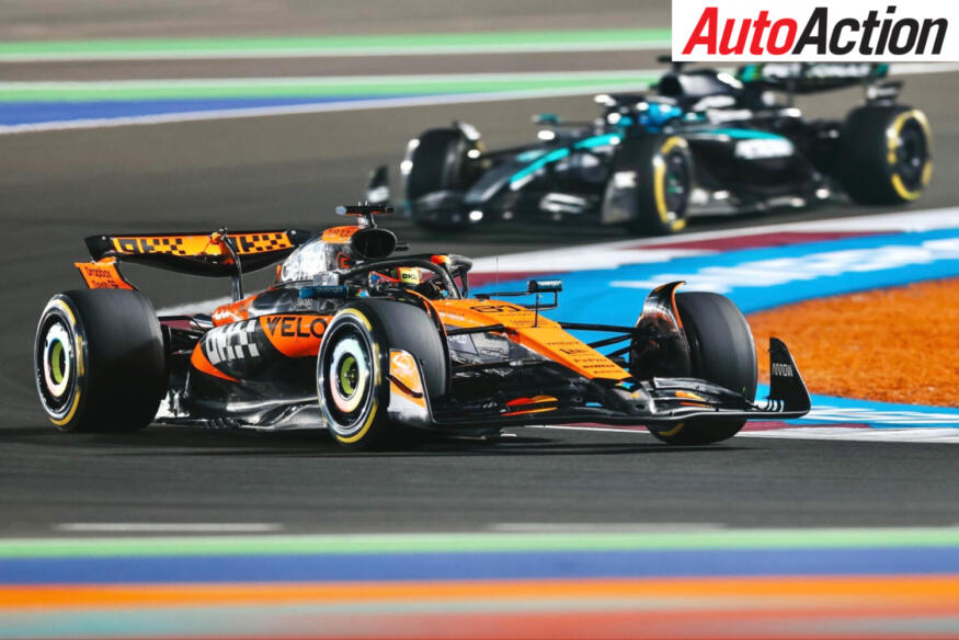 Oscar Piastri, McLaren, leading the Sprint ahead of George Russell, Mercedes, at the 2025 F1 Qatar Grand Prix.