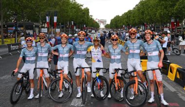 PARIS, FRANCE - JULY 26: Egan Bernal of Colombia, Thymen Arensman of Netherlands, Tobias Foss of Norway, Filippo Ganna of Italy, Dorian Godon of France, Michal Kwiatkowski of Poland, Joshua Tarling of Great Britain, Kevin Vauquelin of France and Netcompany INEOS Cycling Team react after the 113th Tour de France 2026, Stage 21 a 89km stage from Paris to Paris / #UCIWT / on July 26, 2026 in Paris, France. (Photo by Tim de Waele/Getty Images)