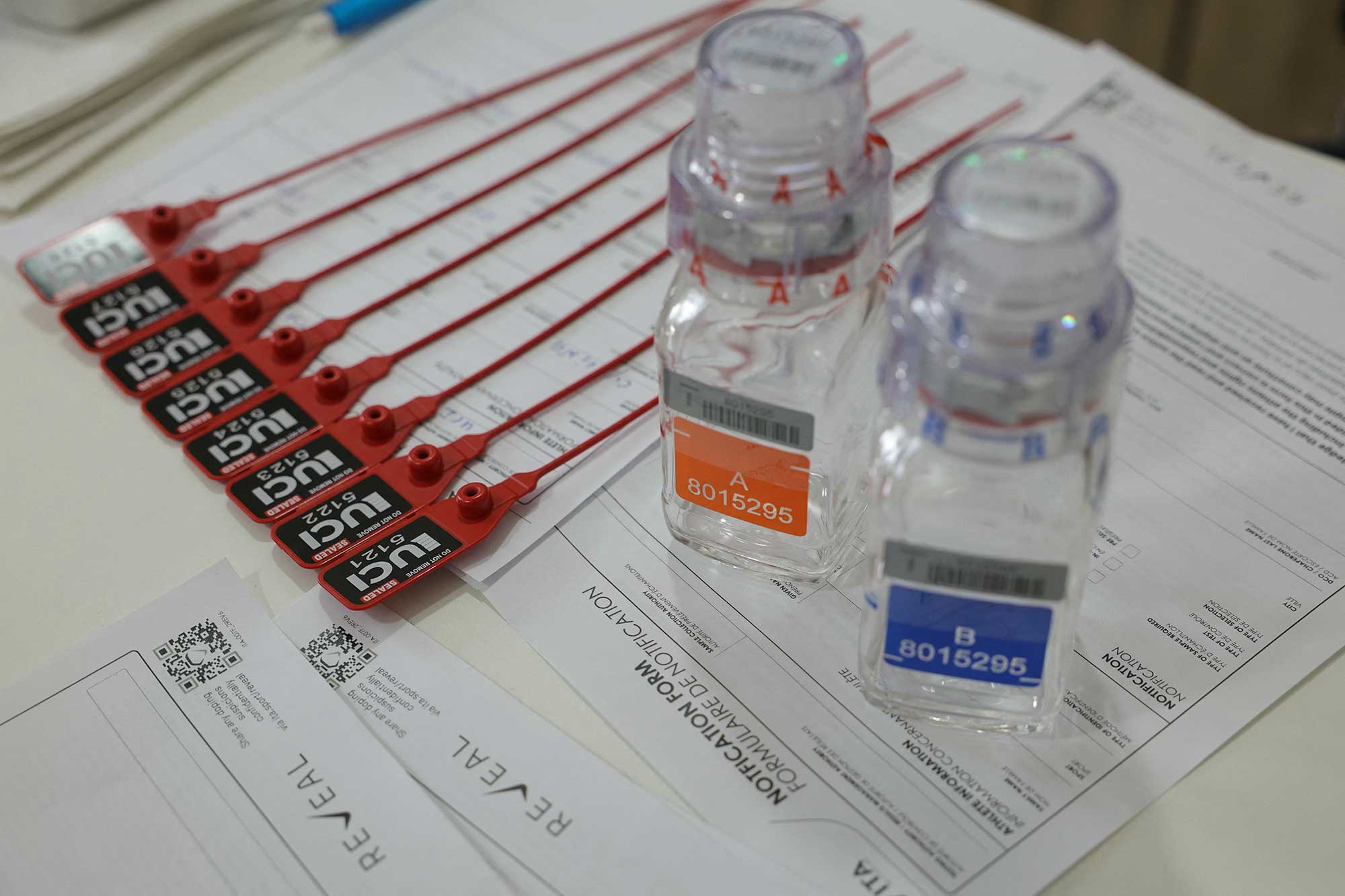 Anti-doping testing kit materials displayed at the International Testing Agency (ITA) testing facility inside a truck at the finish line of stage 7 of the 2024 Tour de France