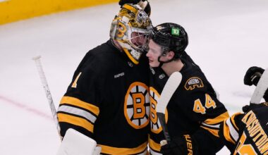 James Hagens (44) made five appearances for the Bruins at the end of last season, and could — alongside goalie Jeremy Swayman — be a big part of the team's future success.