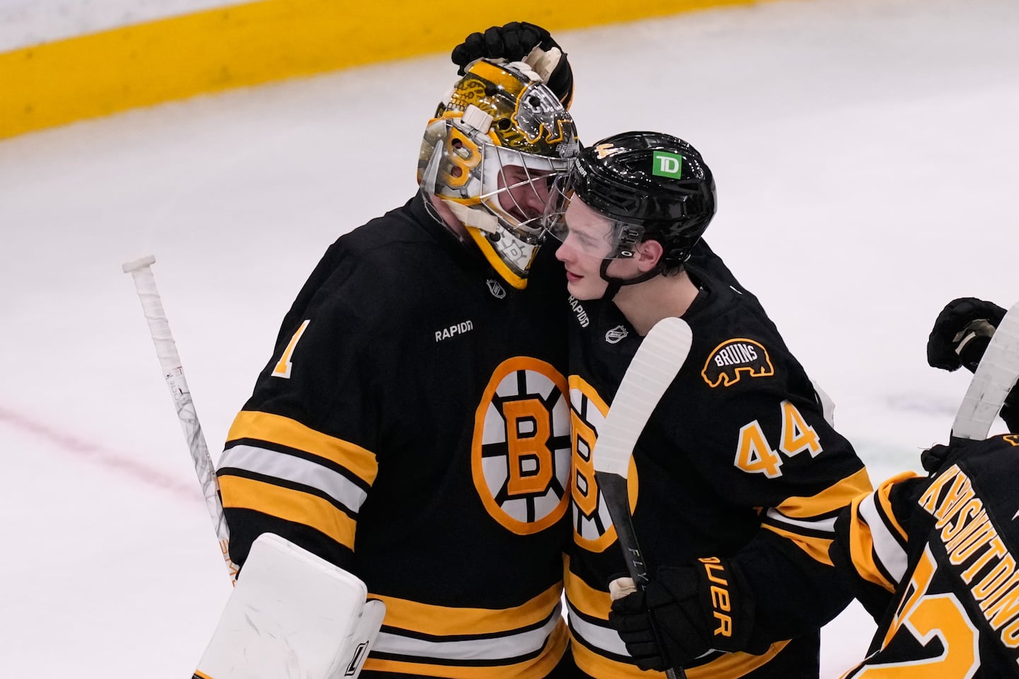 James Hagens (44) made five appearances for the Bruins at the end of last season, and could — alongside goalie Jeremy Swayman — be a big part of the team's future success.