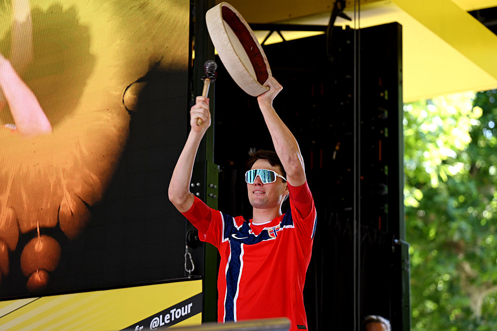 PERIGUEUX, FRANCE - JULY 11: Soren Waerenskjold of Norway and Team Uno-X Mobility wearing the Norway soccer jersey prior to the 113th Tour de France 2026, Stage 8 a 180.4km stage from Perigueux to Bergerac / #UCIWT / on July 11, 2026 in Perigueux, France. (Photo by Dario Belingheri/Getty Images)
