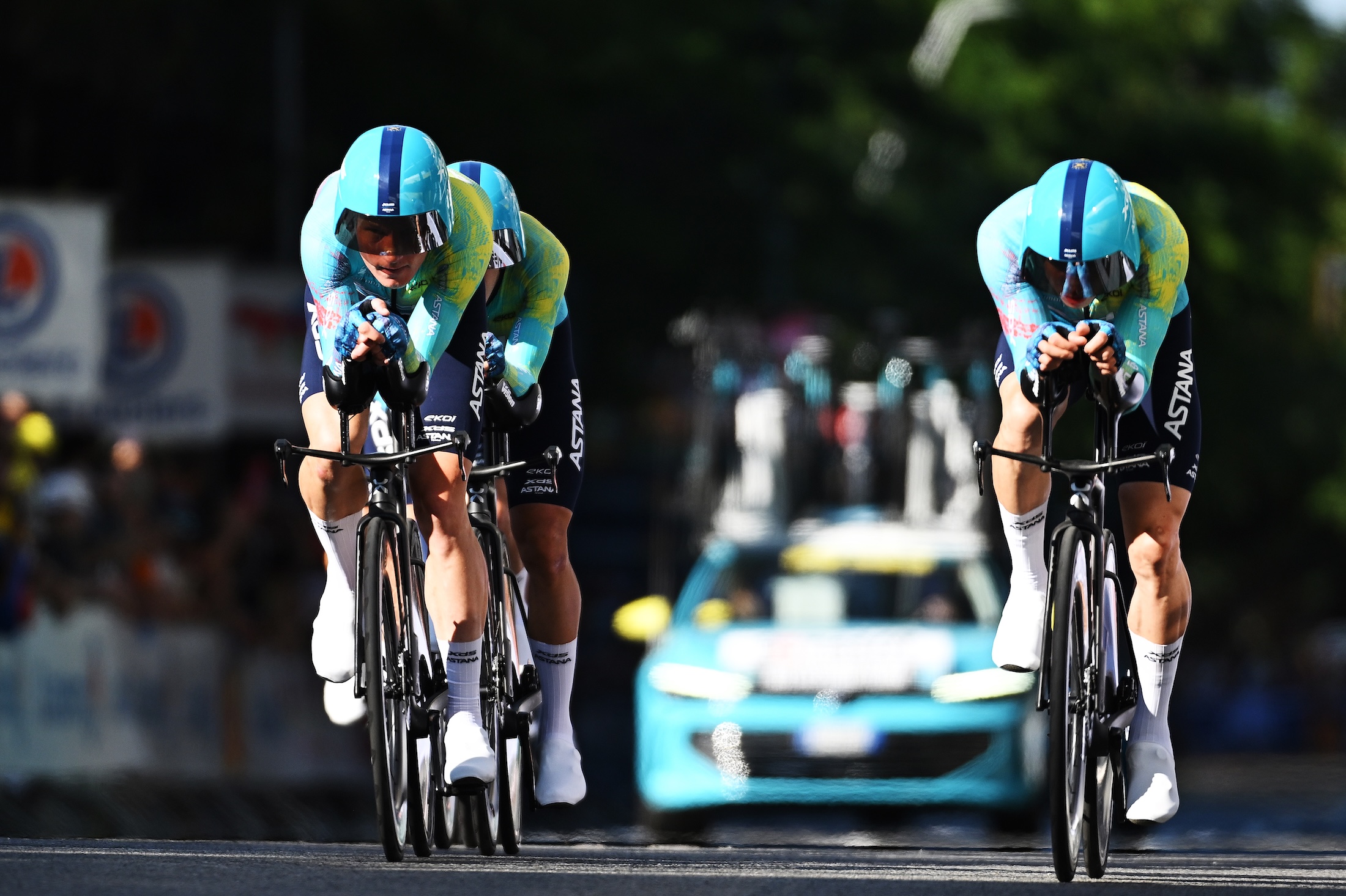 BARCELONA, SPAIN - JULY 04: (L-R) Mike Teunissen of Netherlands and Nicolas Vinokurov of Kazakhstan and Team XDS Astana compete during the 113th Tour de France 2026, Stage 1 a 19.6km team time trial stage from Barcelona to Barcelona / #UCIWT / on July 04, 2026 in Barcelona, Spain. (Photo by Tim de Waele/Getty Images)