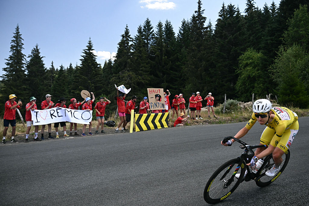 UAE Team Emirates - XRG's Slovenian rider Tadej Pogacar wearing the overall leader's yellow jersey cycles during the 10th stage of the 113th edition of the Tour de France cycling race, 166,6 km between Aurillac and Le Lioran in the Massif Central, on July 14, 2026. (Photo by Loic VENANCE / AFP)