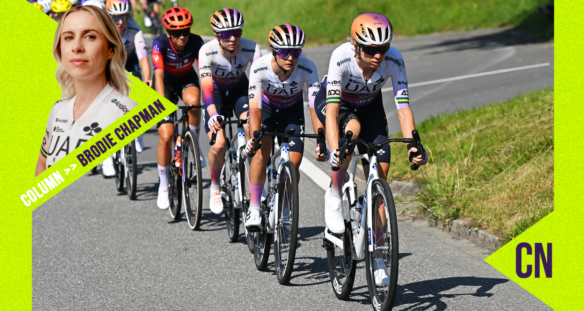 Brodie Chapman leading the peloton at the Tour de Suisse 2026, with her profile photo overlaid on the left.