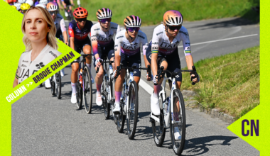 Brodie Chapman leading the peloton at the Tour de Suisse 2026, with her profile photo overlaid on the left.