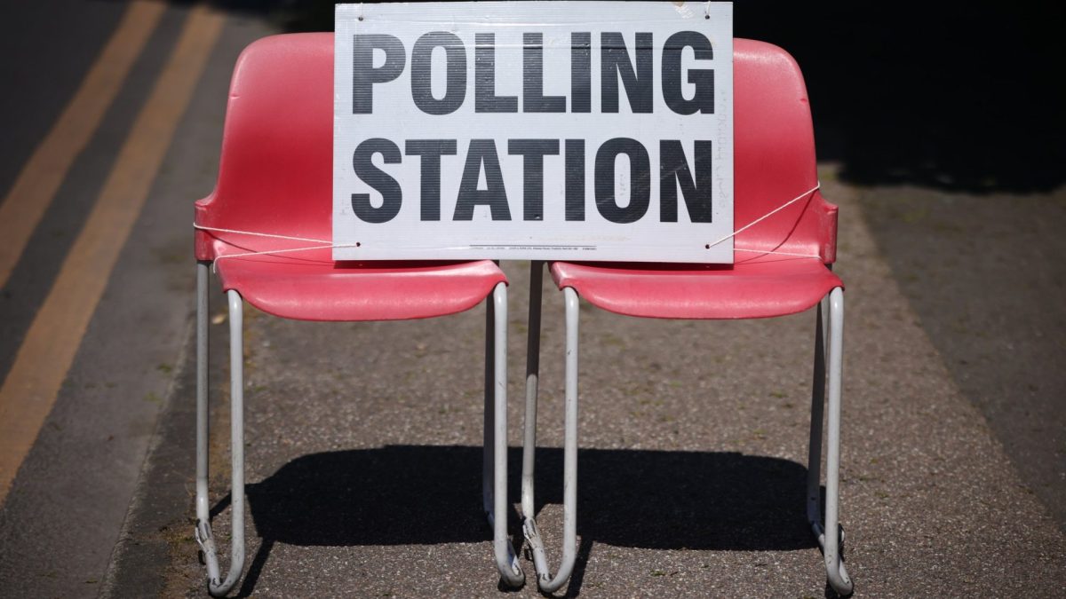 JAYWICK, ENGLAND - MAY 07: A polling station sign during the local council elections on May 07, 2026 in Jaywick, England. The 2026 UK local elections are the largest test of public opinion since the 2024 General Election, with over 5,000 council seats up for contest across 136 English local authorities. Reform UK enters these elections with significant momentum, aiming to transition from a protest party to a governing force. (Photo by Dan Kitwood/Getty Images)