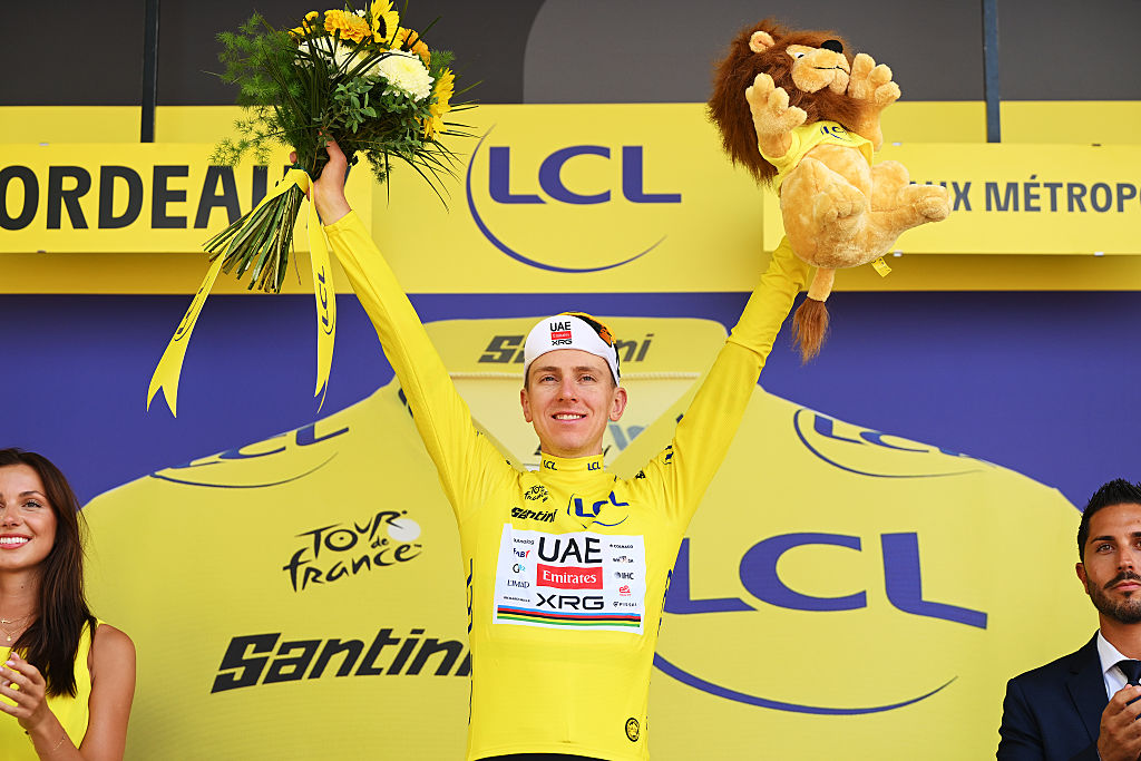 BORDEAUX, FRANCE - JULY 10: Tadej Pogacar of Slovenia and UAE Team Emirates - XRG celebrates at podium as Yellow Leader Jersey winner during the 113th Tour de France 2026, Stage 7 a 175.1km stage from Hagetmau to Bordeaux / #UCIWT / on July 10, 2026 in Bordeaux, France. (Photo by Dario Belingheri/Getty Images)