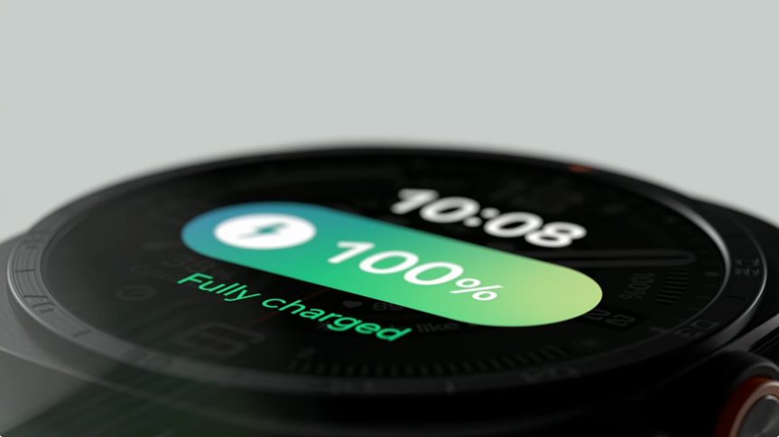A smart watch face showing that the battery of the watch is charged to 100%.
