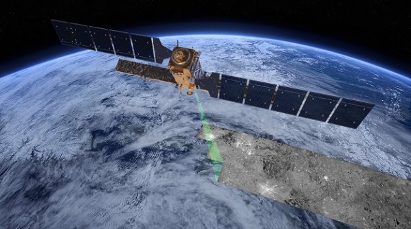 An artist’s impression of the Sentinel-1A synthetic aperture radar satellite in orbit with the Earth below