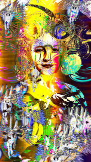 Billy Clifton-Strawn's artwork "She Came First," a golden face surrounded by colorful swirling light and birds.