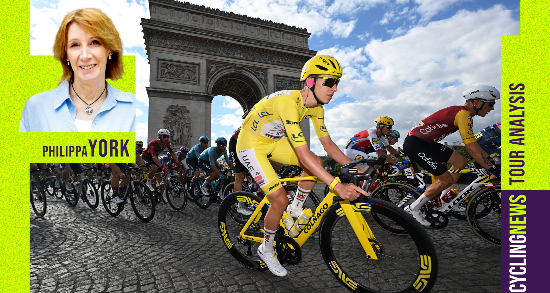 Tadej Pogačar rides past the Arc de Triomphe during stage 21 of the Tour de France, with Philippa York's profile photo overlaid on the left.
