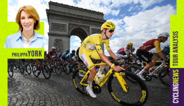 Tadej Pogačar rides past the Arc de Triomphe during stage 21 of the Tour de France, with Philippa York's profile photo overlaid on the left.