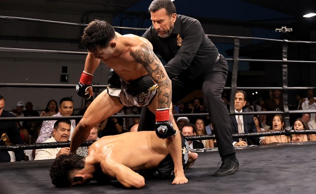 John McCarthy, a retired MMA referee, pulls away MMA fighter Mason Hartshorn from Hector Fajardo during the inaugural Napa Knockout at Raymond Vineyards near St. Helena, Saturday, July 25, 2026. Hartshorn won the bout after a doctor stopped the match for medical reasons. (Kent Porter / The Press Democrat)