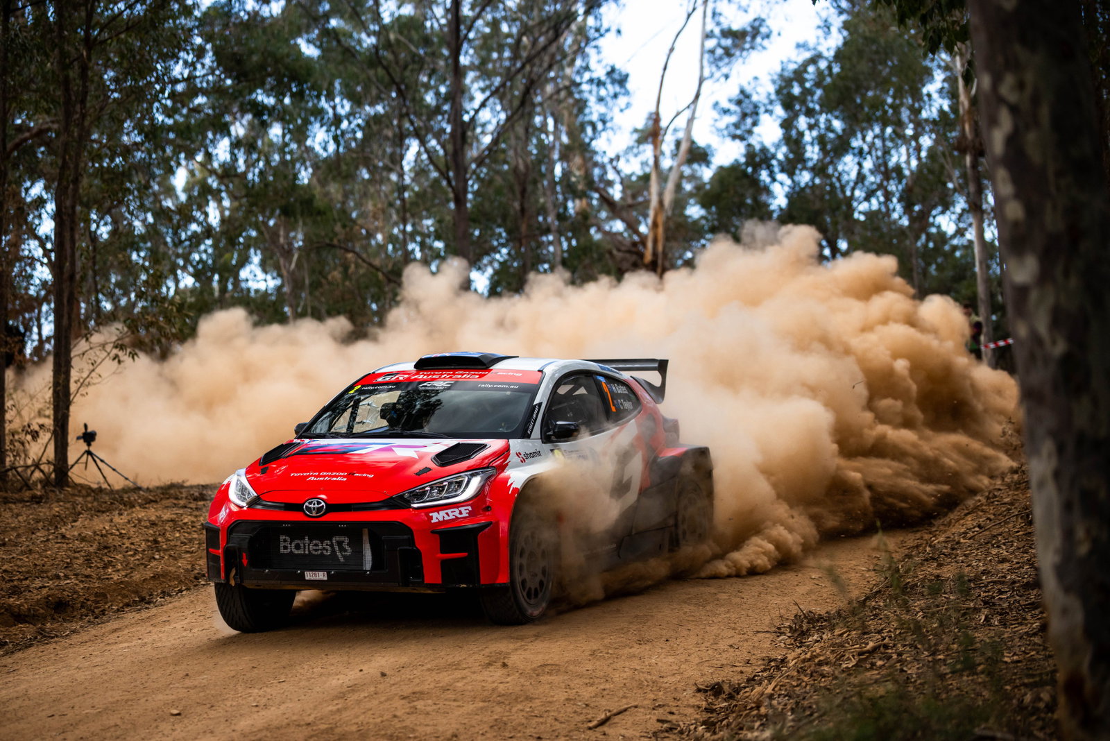 Harry Bates and Coral Taylor in their Toyota GR Yaris Rally2 during the Narooma Forest Rally.