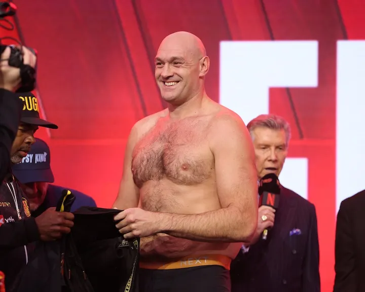 Tyson Fury at the weigh-in for his fight against Arslanbek Makhmudov. (April 10, 2026)