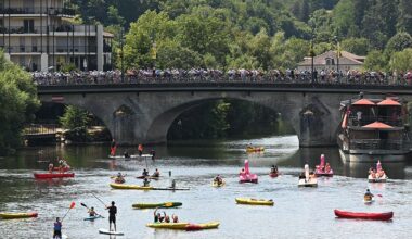 PERIGUEUX, FRANCE - JULY 11: A general view of the peloton passing through a Perigueux while fans cheers prior to the 113th Tour de France 2026, Stage 8 a 180.4km stage from Perigueux to Bergerac / #UCIWT / on July 11, 2026 in Perigueux, France. (Photo by Tim de Waele/Getty Images)