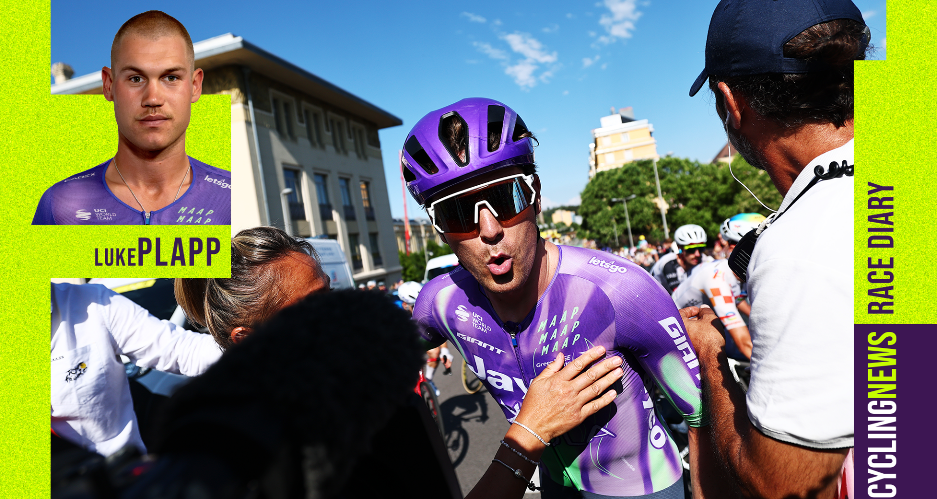 Stage winner Mauro Schmid celebrates after stage 13 of the Tour de France. Luke Plapp's profile picture (left) (Photo by Anne-Christine Poujoulat - Pool/Getty Images)