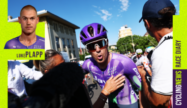 Stage winner Mauro Schmid celebrates after stage 13 of the Tour de France. Luke Plapp's profile picture (left) (Photo by Anne-Christine Poujoulat - Pool/Getty Images)