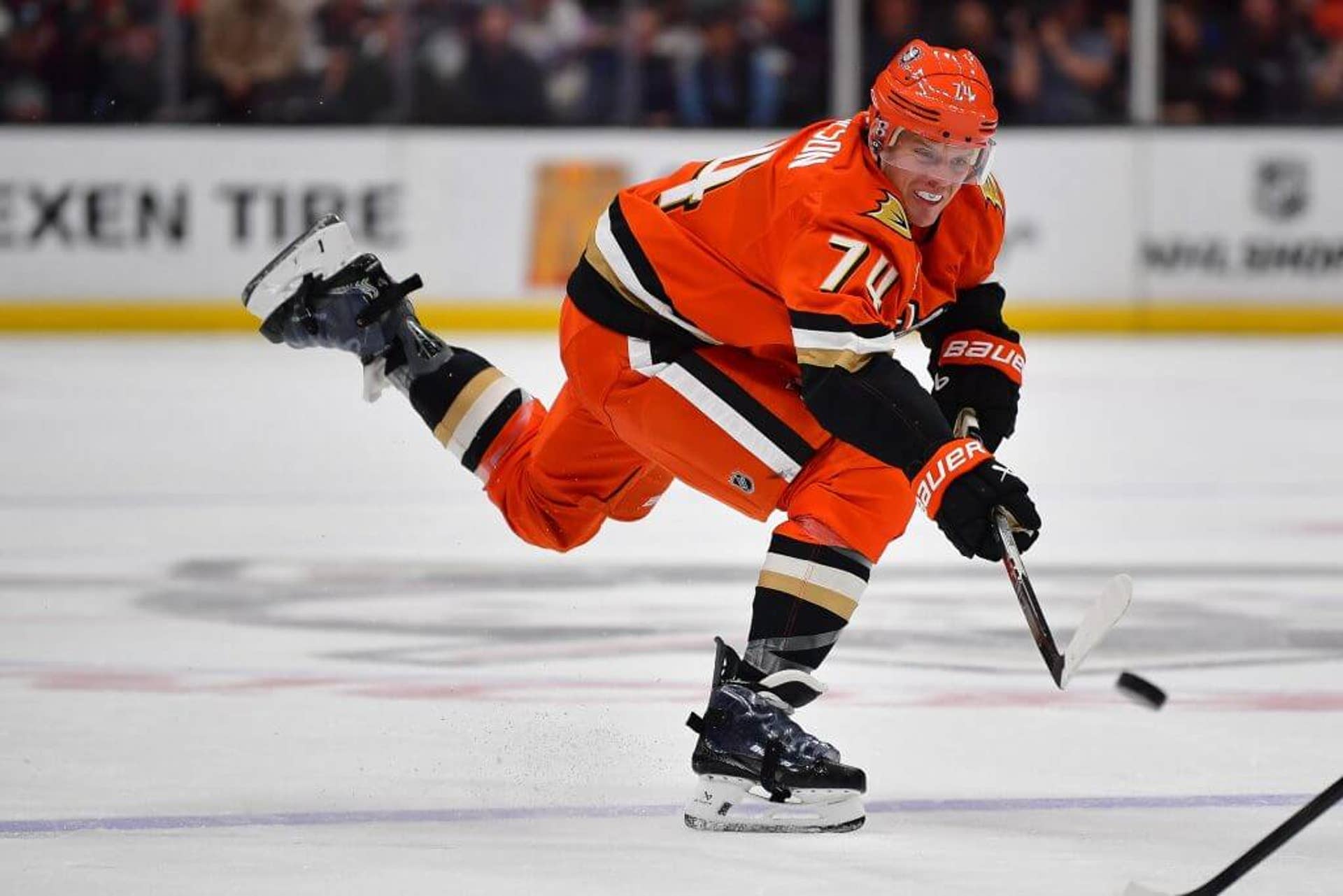 Anaheim Ducks defenseman John Carlson shoots on goal against the Philadelphia Flyers during a 2026 game.
