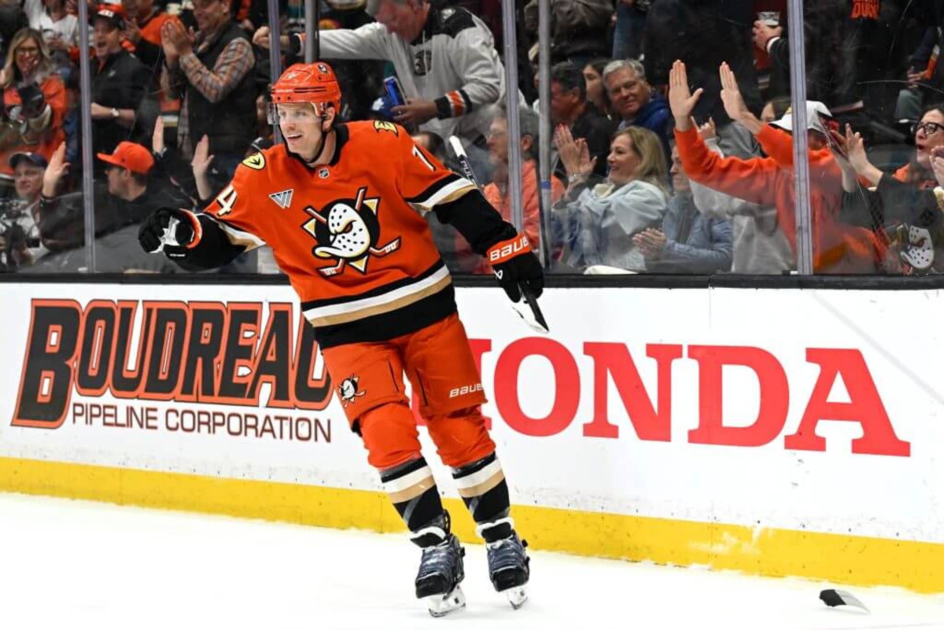 Anaheim Ducks defenseman John Carlson celebrates after scoring a goal against the Toronto Maple Leafs.