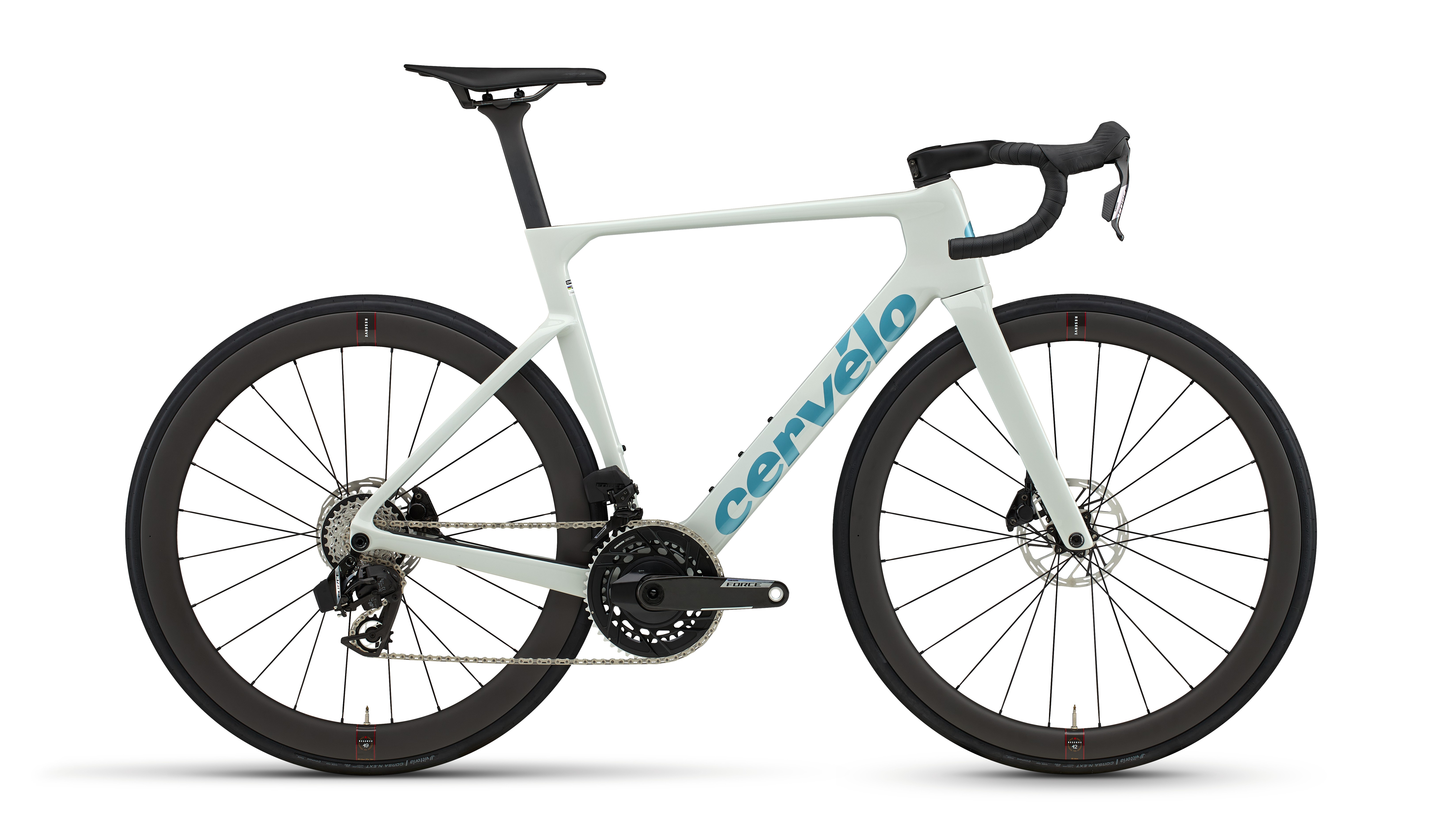 A white and blue Cervélo Soloist 