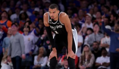 Jun 10, 2026; New York, New York, USA; San Antonio Spurs forward Victor Wembanyama (1) reacts during the fourth quarter of game four of the 2026 NBA Finals against the New York Knicks at Madison Square Garden. Mandatory Credit: Brad Penner-Imagn Images
