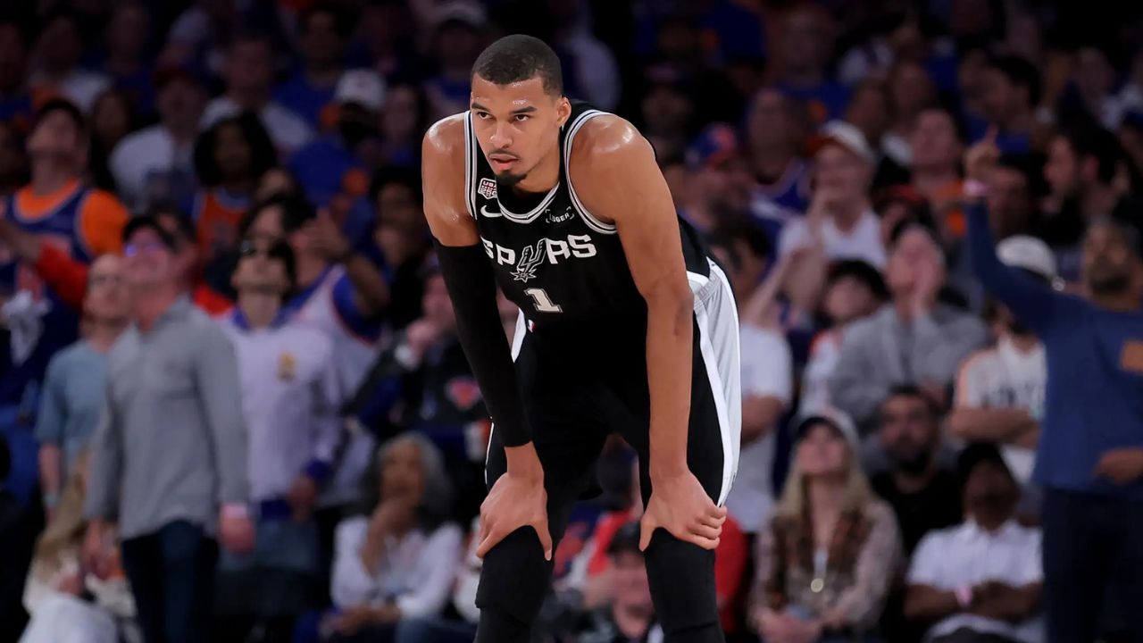 Jun 10, 2026; New York, New York, USA; San Antonio Spurs forward Victor Wembanyama (1) reacts during the fourth quarter of game four of the 2026 NBA Finals against the New York Knicks at Madison Square Garden. Mandatory Credit: Brad Penner-Imagn Images