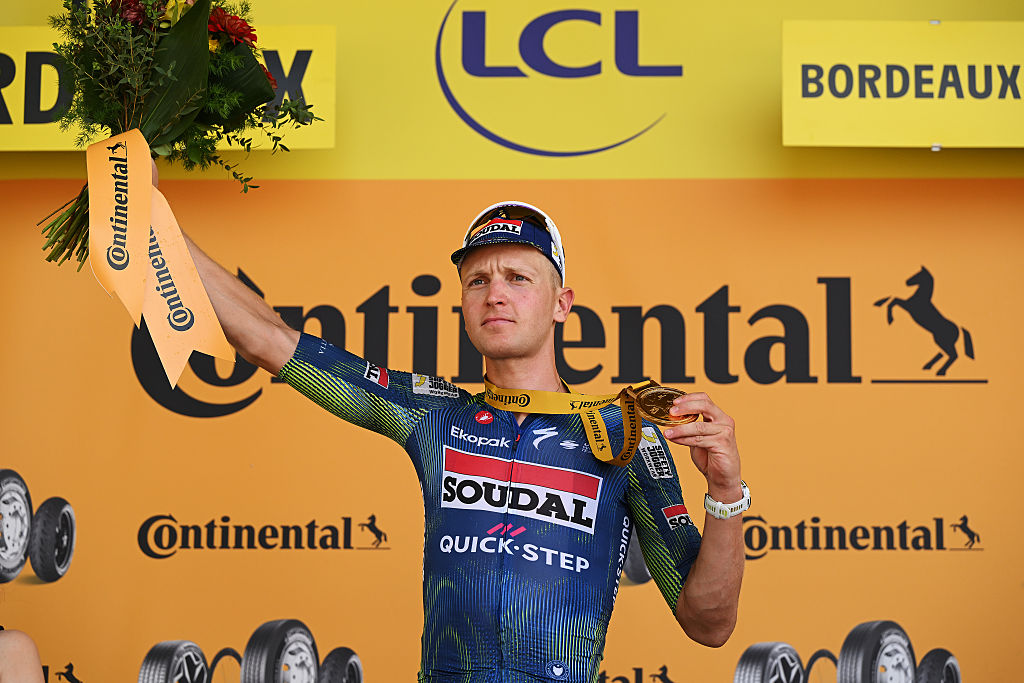 BORDEAUX, FRANCE - JULY 10: Tim Merlier of Belgium and Team Soudal Quick-Step celebrates at podium as stage winner during the 113th Tour de France 2026, Stage 7 a 175.1km stage from Hagetmau to Bordeaux / #UCIWT / on July 10, 2026 in Bordeaux, France. (Photo by Dario Belingheri/Getty Images)